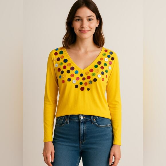 Vintage Yellow Button Art Top – Made in Hong Kong – 100% Cotton - Picture 1 of 6